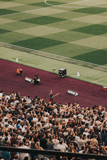 A large crowd of spectators seated in a stadium stands watching a sporting event on a field divided into patches of green and beige grass, with a maroon running track running around the field's perimeter. Two event officials in orange vests and one person in a black jacket are seated on the track near a sign that reads 'betway'. One of the officials is holding a clipboard, while another has a camera and appears to be recording. The person in the black jacket is standing, gesturing with their right arm extended upward. The lighting suggests it is daytime, with overcast weather. This scene depicts a lively outdoor sporting event, possibly a horse race or athletics competition, attended by many spectators, with some standing and others seated, capturing the atmosphere of a public sporting event.